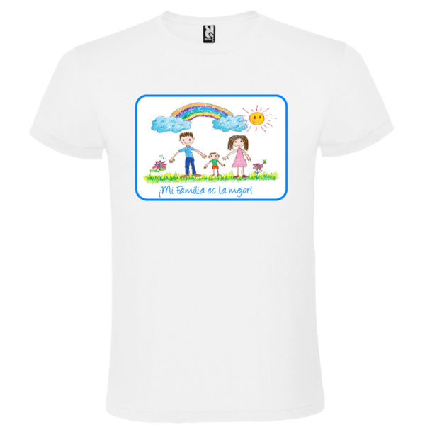 Camiseta blanca pesonalizada con dibujo infantil - texto/marco azul