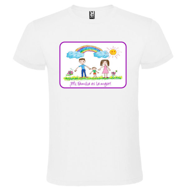 Camiseta blanca pesonalizada con dibujo infantil - texto/marco morado
