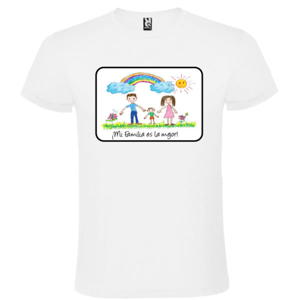 Camiseta blanca pesonalizada con dibujo infantil - texto/marco negro
