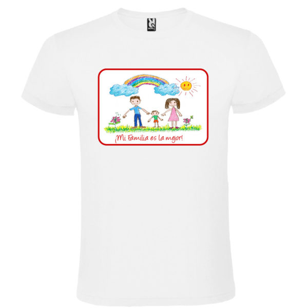 Camiseta blanca pesonalizada con dibujo infantil - texto/marco rojo