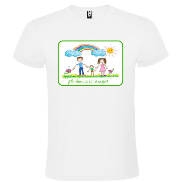 Camiseta blanca pesonalizada con dibujo infantil - texto/marco verde