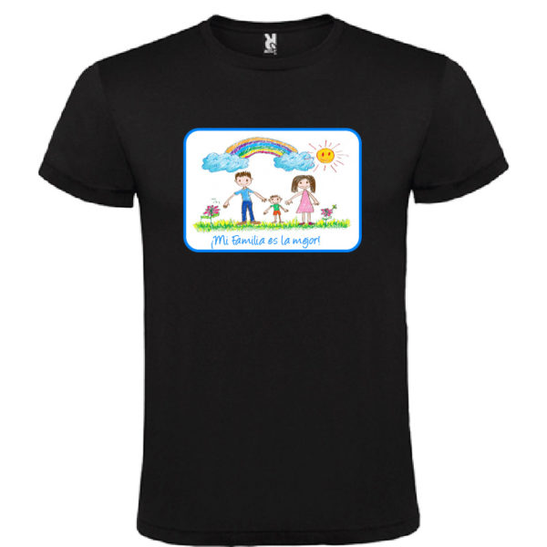 Camiseta negra pesonalizada con dibujo infantil - texto/color azul